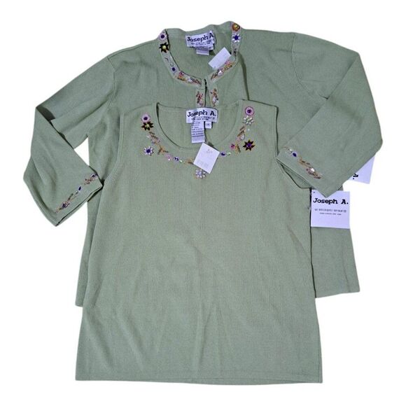 Joseph A. Women's 2 Pc Set Knit Top 3/4 Cardigan Sage Green Rhinestone Sz XL - Picture 2 of 8